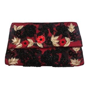 Christian Livingston Collection Beaded Embroidered Clutch Floral Black & Red